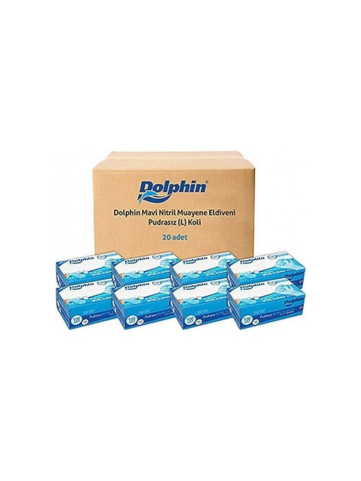 Dolphin Mavi Nitril Eldiven Pudrasız L Boy - 100 Adet x 20 Paket (Koli)