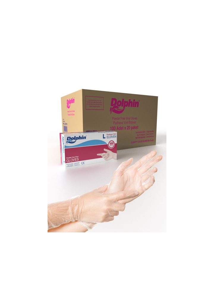 Dolphin Beyaz Vinil Eldiveni Pudrasız L 100 Adet x 20 Paket - Koli